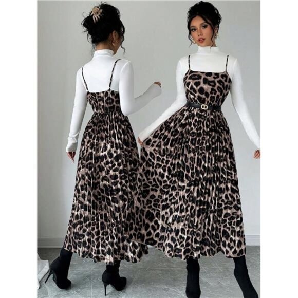 Women's Leopard Print Pleated Camisole Dress - Picture 1 of 7